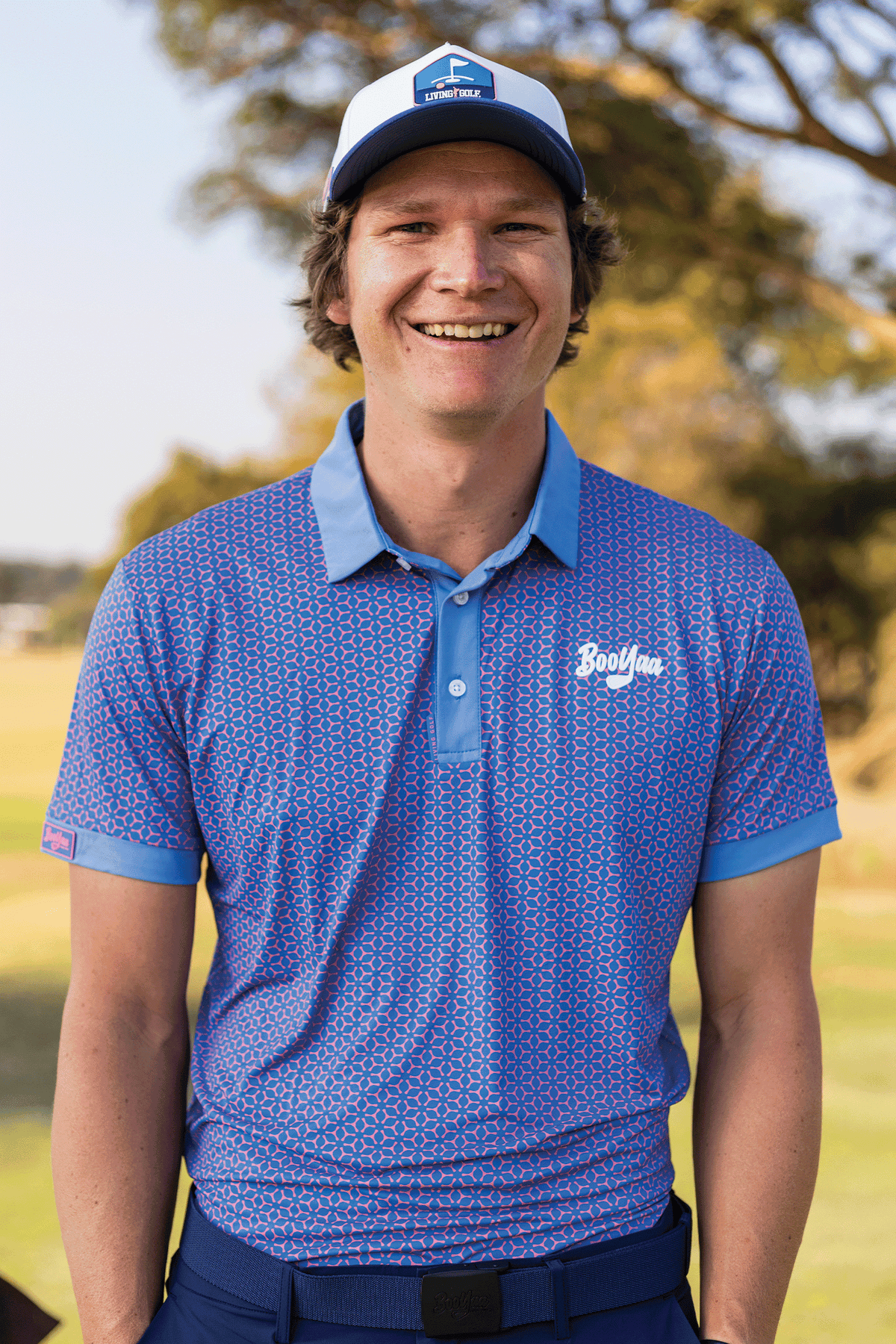 BooYaa Premium Men's Golf Polo, Fowler Pink and Blue Geometric Print, 4-Way Stretch
