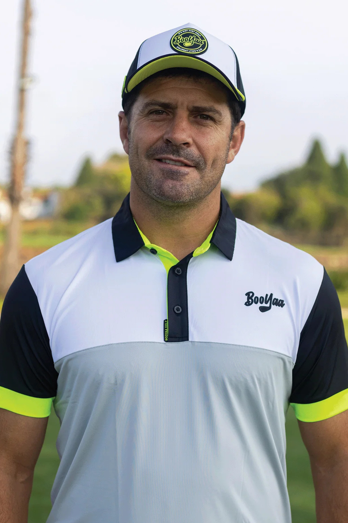 BooYaa Premium Men's Golf Polo, Lambo White and Gray Colorblock, 4-Way Stretch