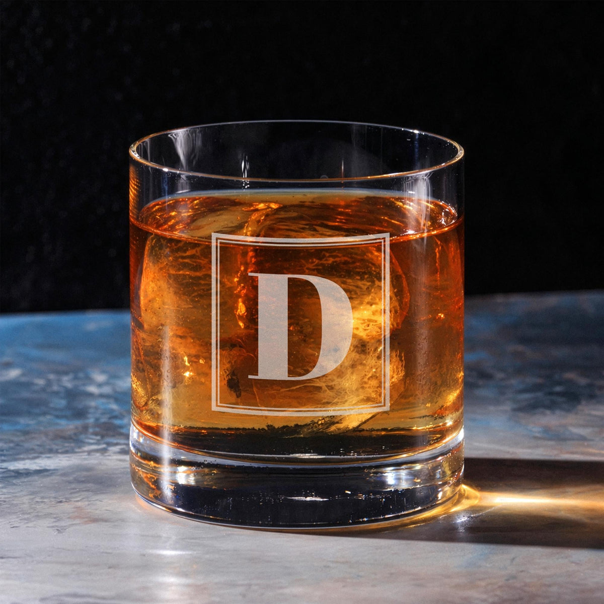 Personalized Whiskey Glass | Framed Initial Design | Custom Engraved Rocks Glass