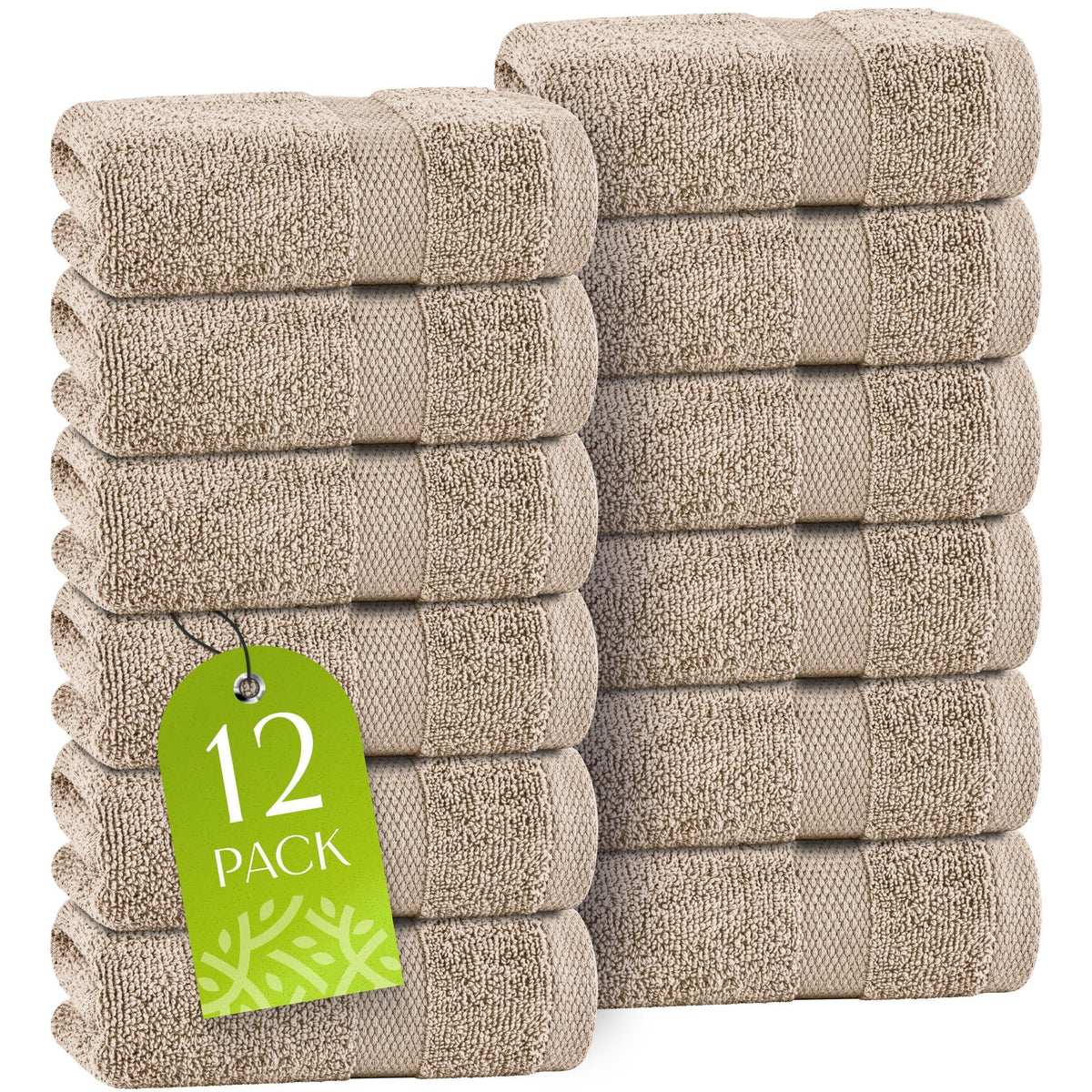 White Classic Taupe Washcloths Set 12 Pack for Body and Face Towel 12x12 Inch Cotton Wash Cloths Bulk Spa Fingertip Wash Clothes Soft Absorbent Gym Towels