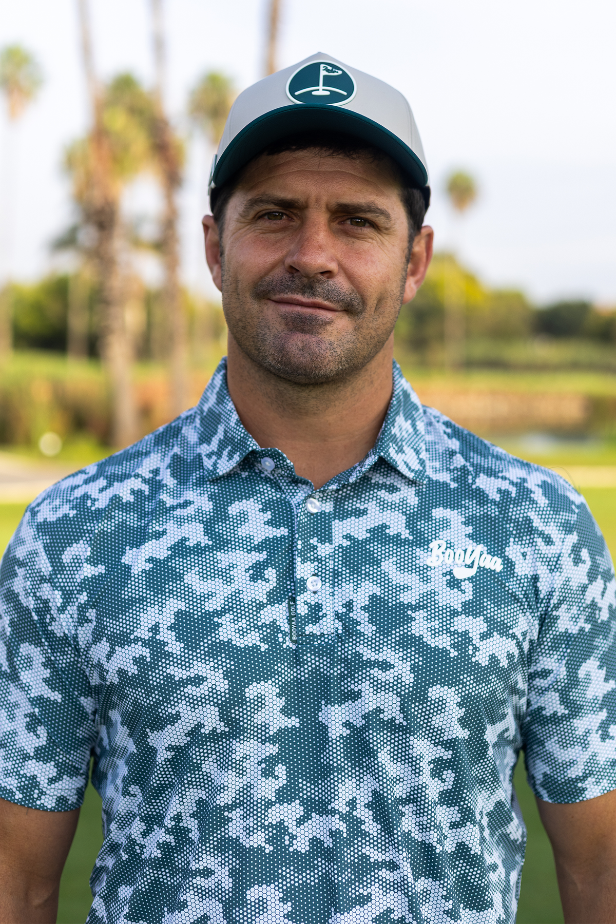 BooYaa Premium Men's Golf Polo, Acres Green Camo Print, 4-Way Stretch, Moisture-Wicking