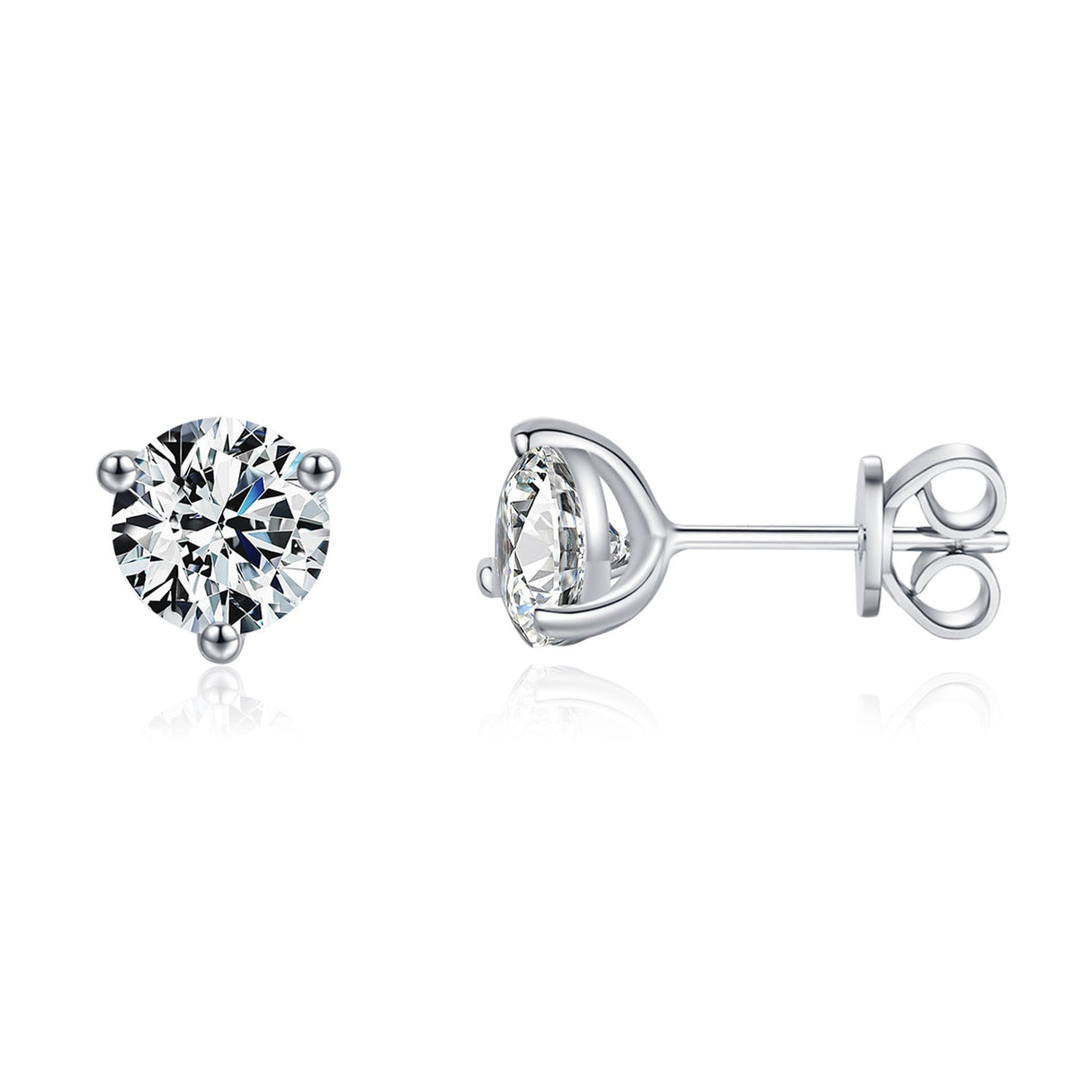 Round D-Color VVS1 Moissanite Stud Earrings in Sterling Silver – Minimalist Three-Prong Design