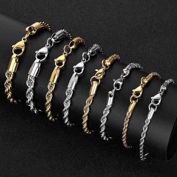 Stacking Twist Link Hip Hop Necklace & Bracelet Set in Stainless Steel – Gold or Steel Finish