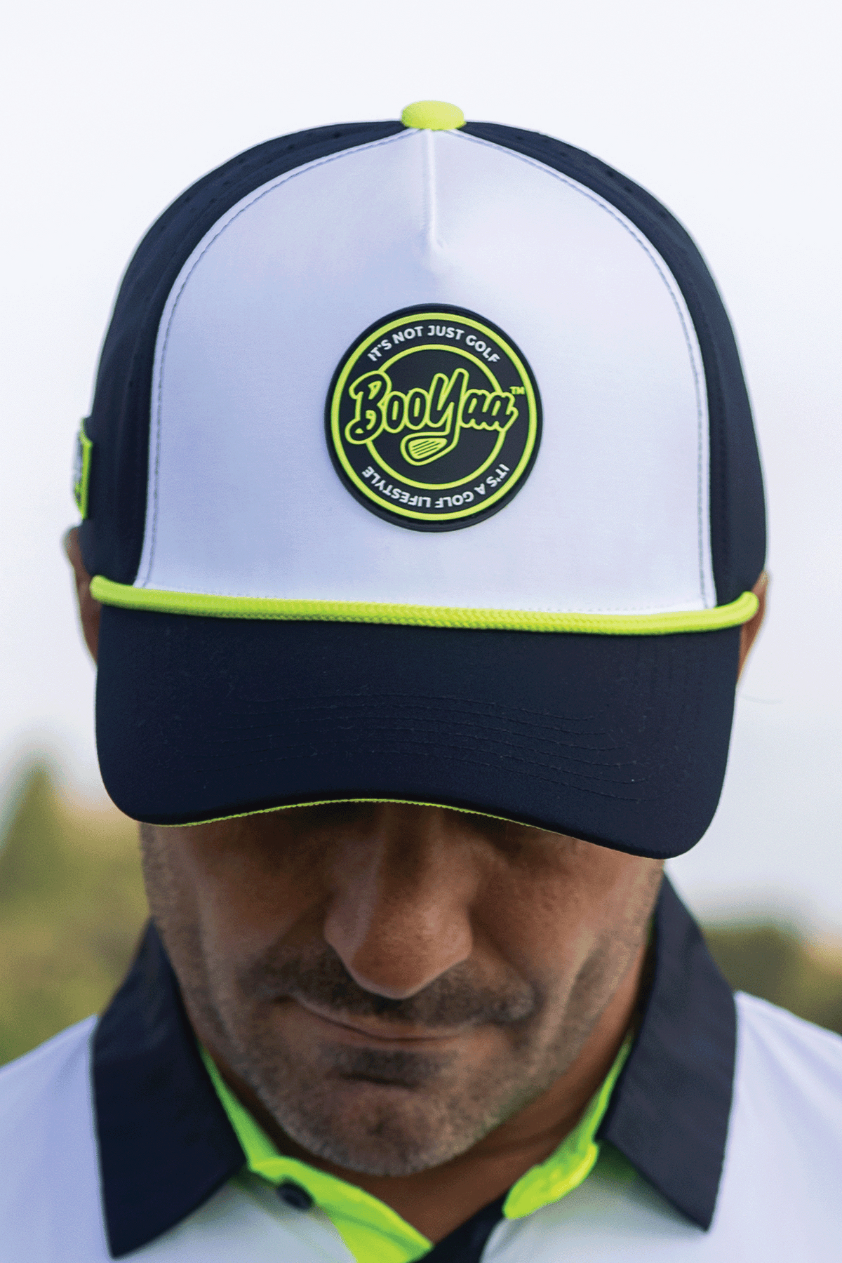 BooYaa Premium Golf Hat, Racer Black Two-Tone Snapback Cap, Striped Rope Brim, Unisex