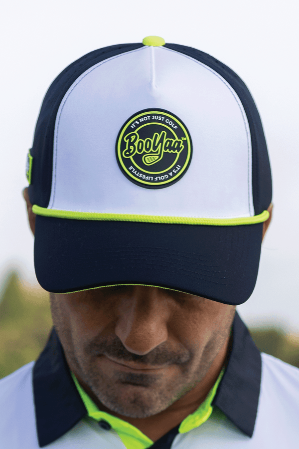 BooYaa Premium Golf Hat, Racer Black Two-Tone Snapback Cap, Striped Rope Brim, Unisex