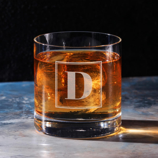 Personalized Whiskey Glass | Framed Initial Design | Custom Engraved Rocks Glass
