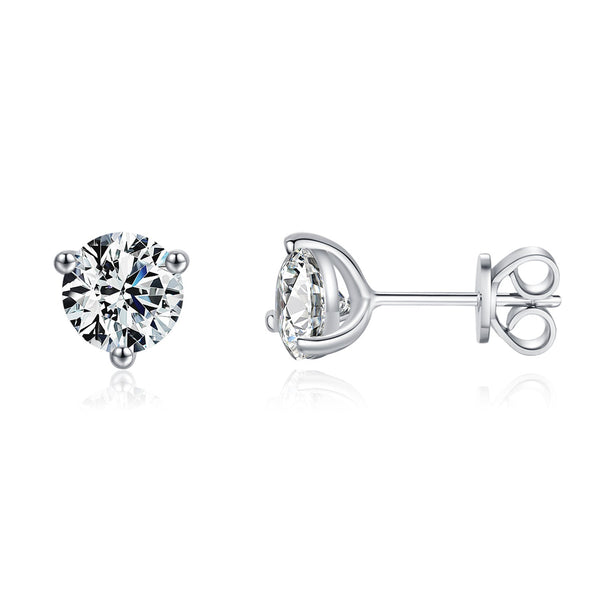 Round D-Color VVS1 Moissanite Stud Earrings in Sterling Silver – Minimalist Three-Prong Design