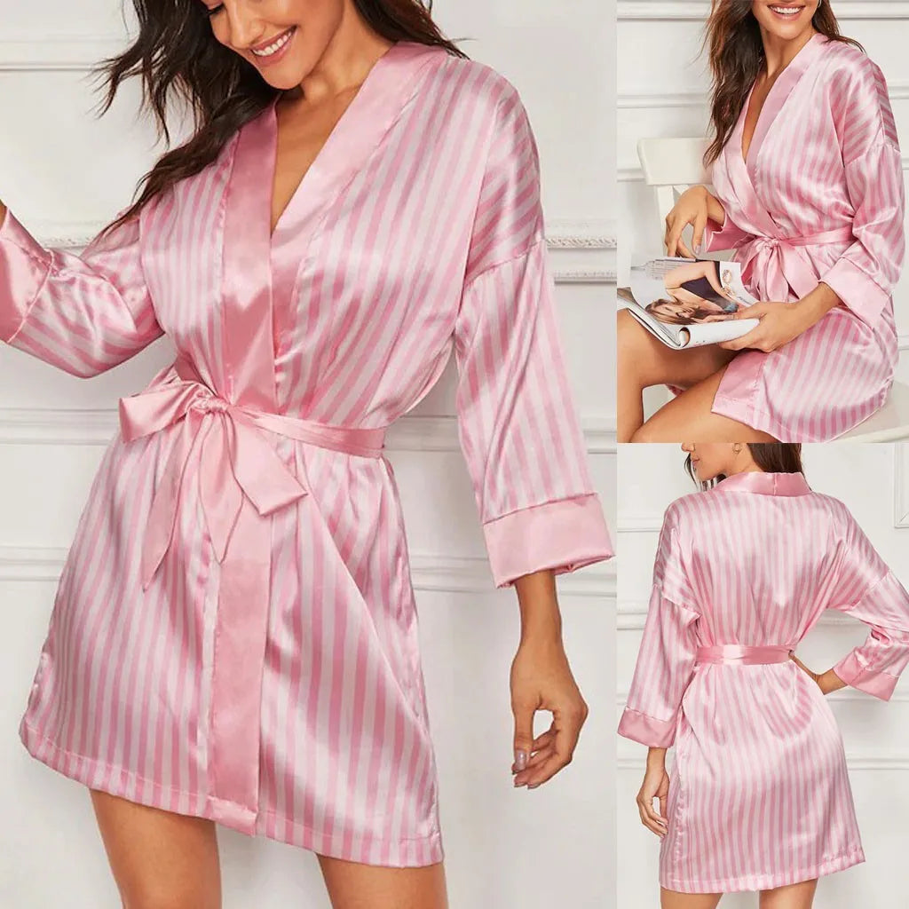 Women Satin Kimono Bathrobe Gown Summer V-Neck Nightgown Stripe Robe With Belt Bridal Wedding Sleepwear Loose Intimate Lingerie